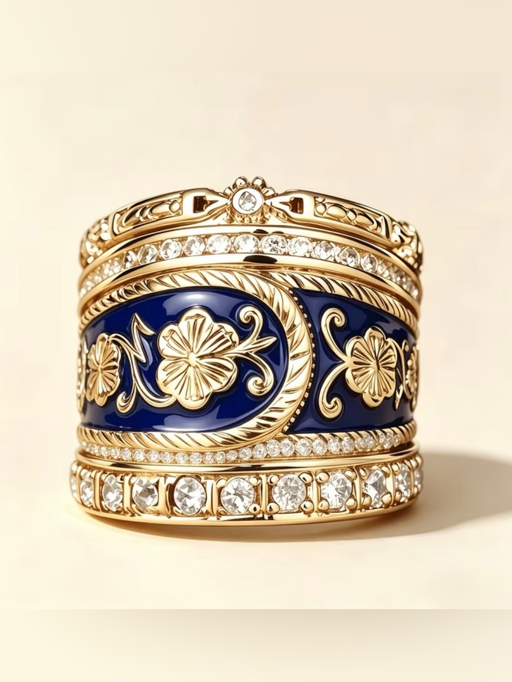 French Luxury Jewelry Blue Enamel Gold Tone Crystal Floral Ring Size 7.5 NWOT